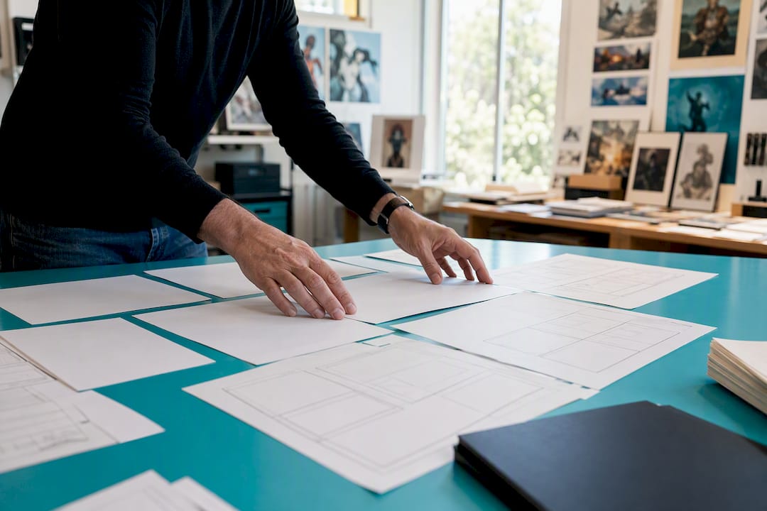 Hands arranging character sheets on table