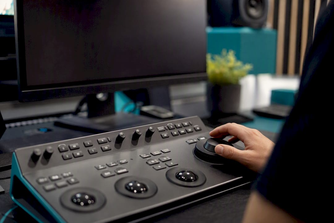 Hand operating video editing console jog wheel
