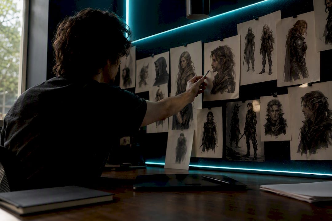 Hand adjusting character concept portraits on wall