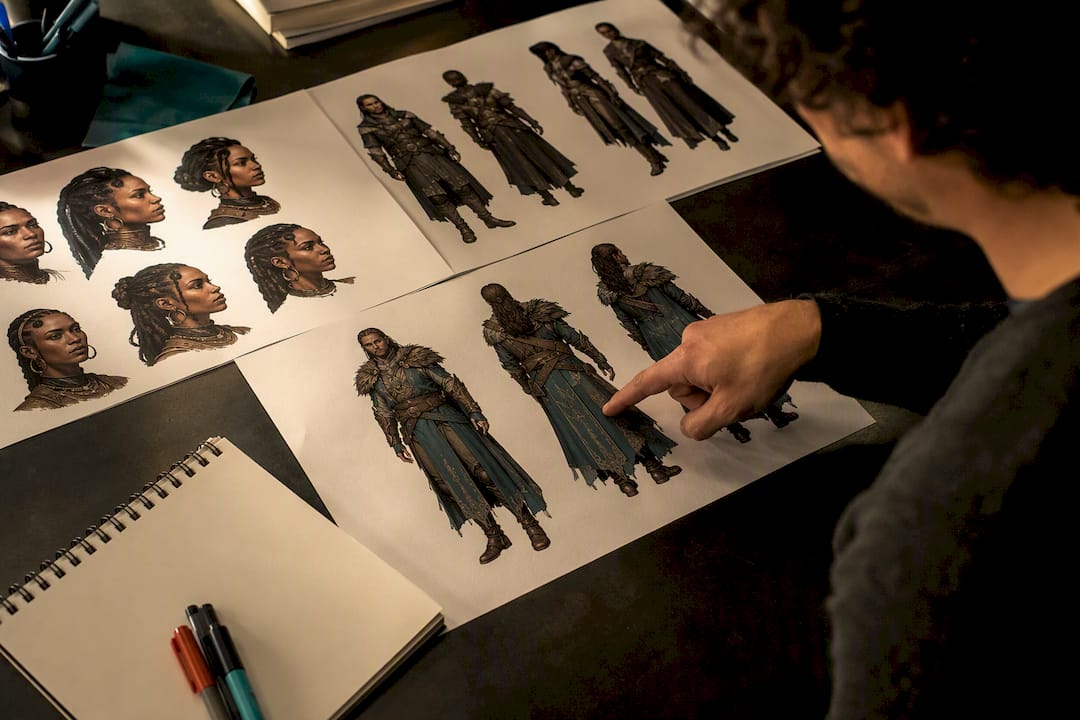 Multi-angle character reference sheets on table