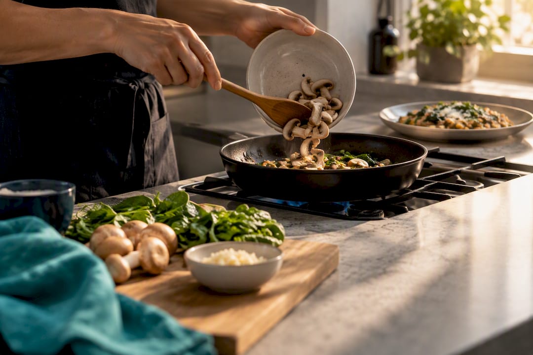 Hands moving ingredients into a pan