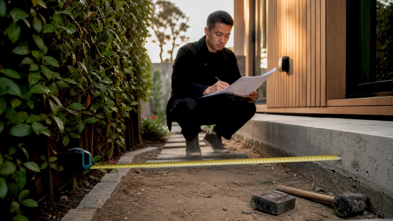 Architect measuring setback distance at ADU construction site