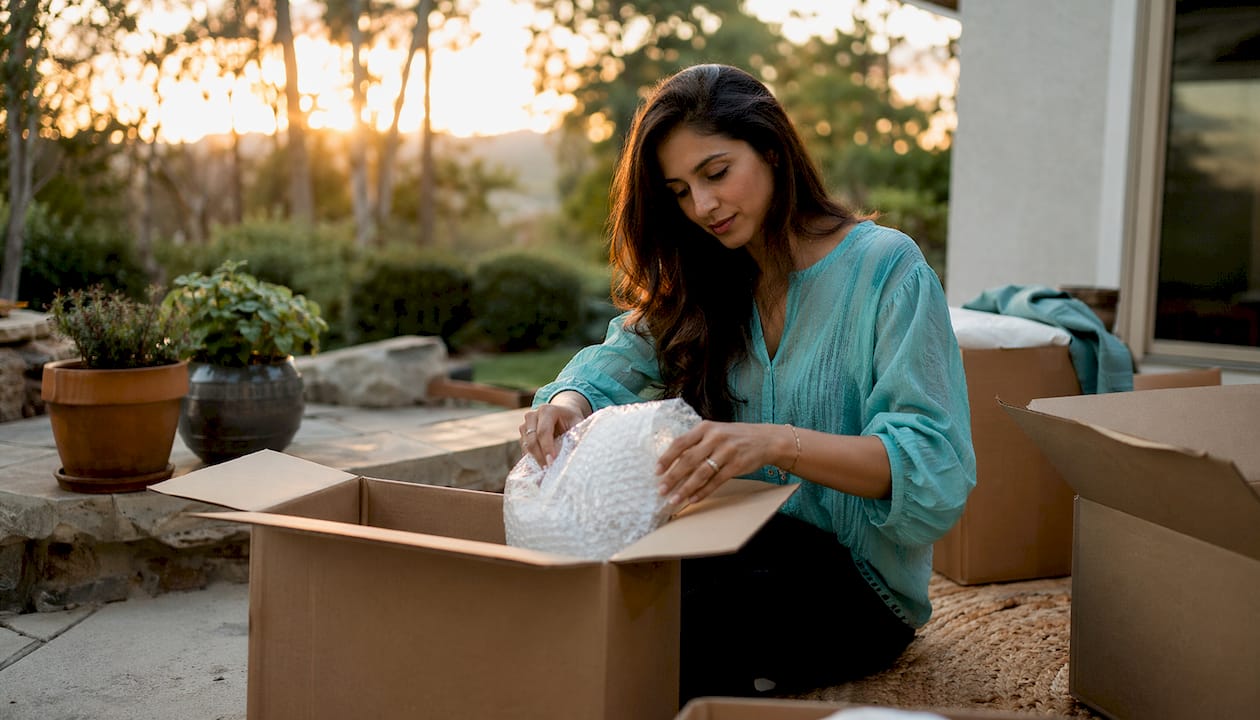 Woman packing boxes for move
