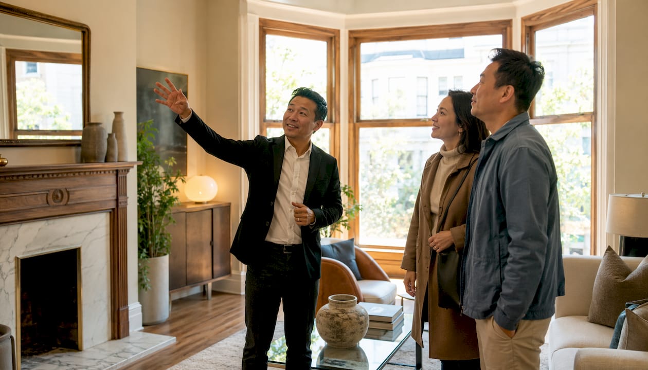 Agent with couple touring staged Pacific Heights Victorian home