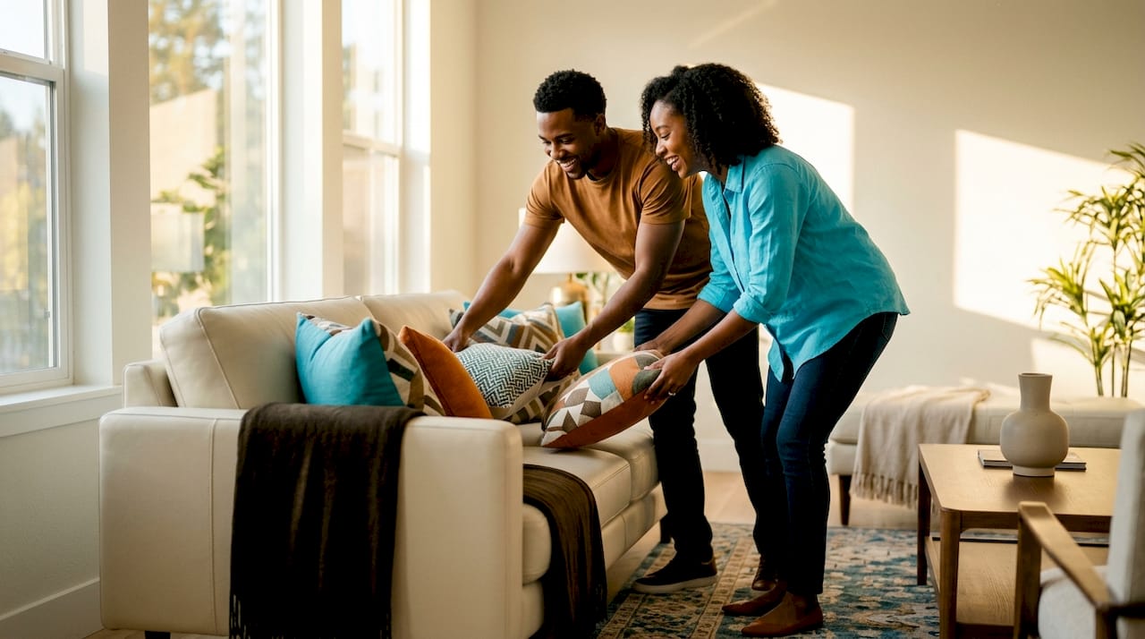 Couple staging their occupied home living room