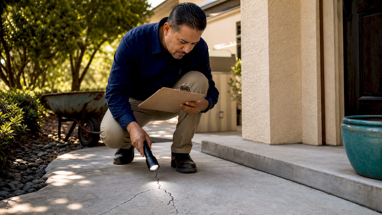 Home inspector inspecting house foundation crack