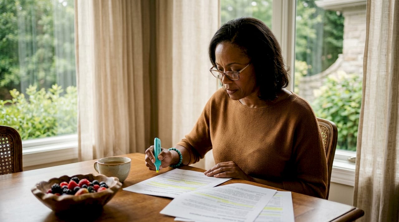 Seller reviewing printed home inspection report at kitchen table