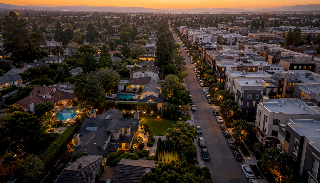 Aerial view contrasting Sunnyvale neighborhoods