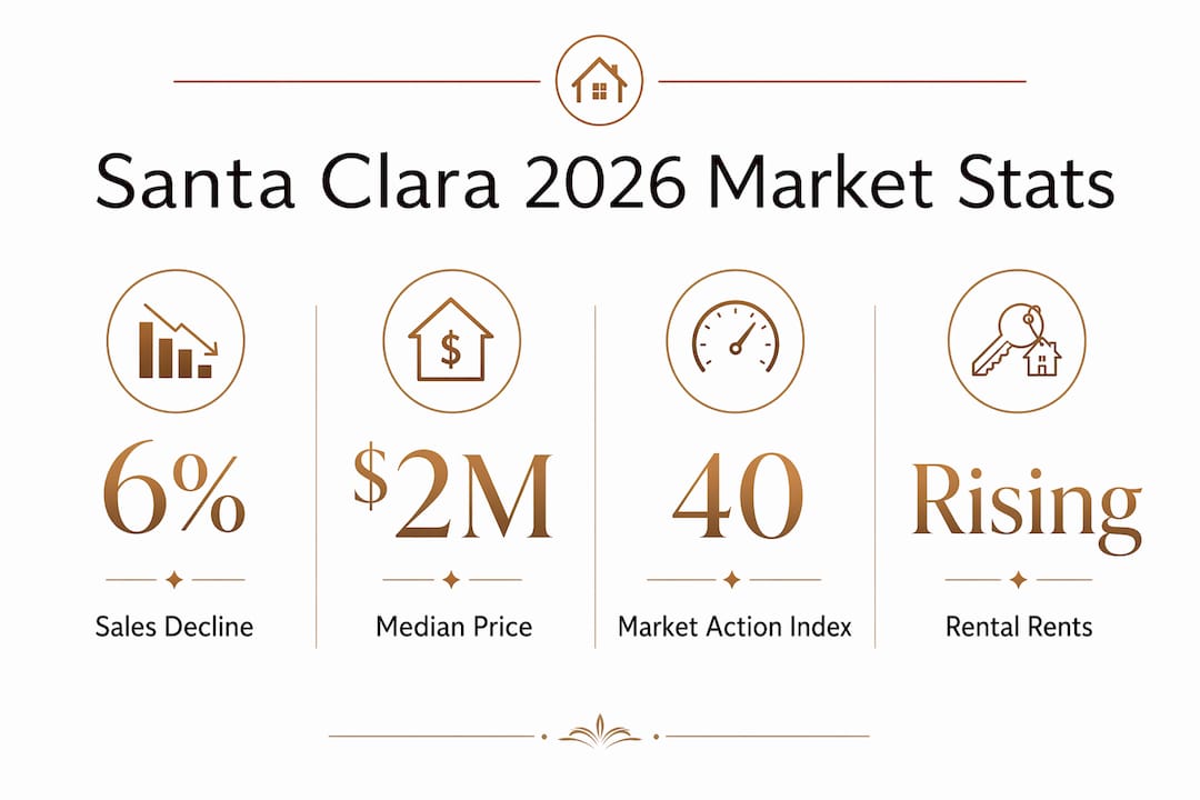 Infographic showing Santa Clara 2026 housing market statistics