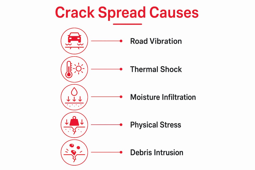 Infographic showing causes of windshield crack spreading