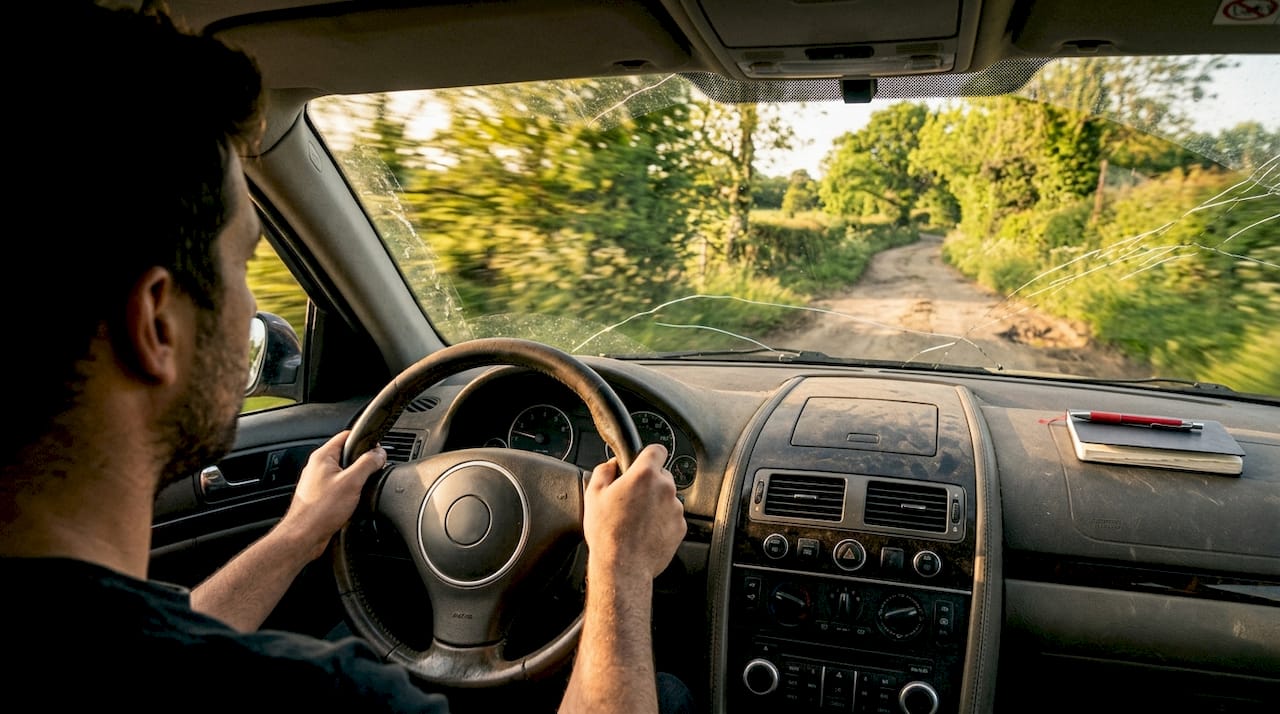 Windshield crack seen from driver seat on bumpy road