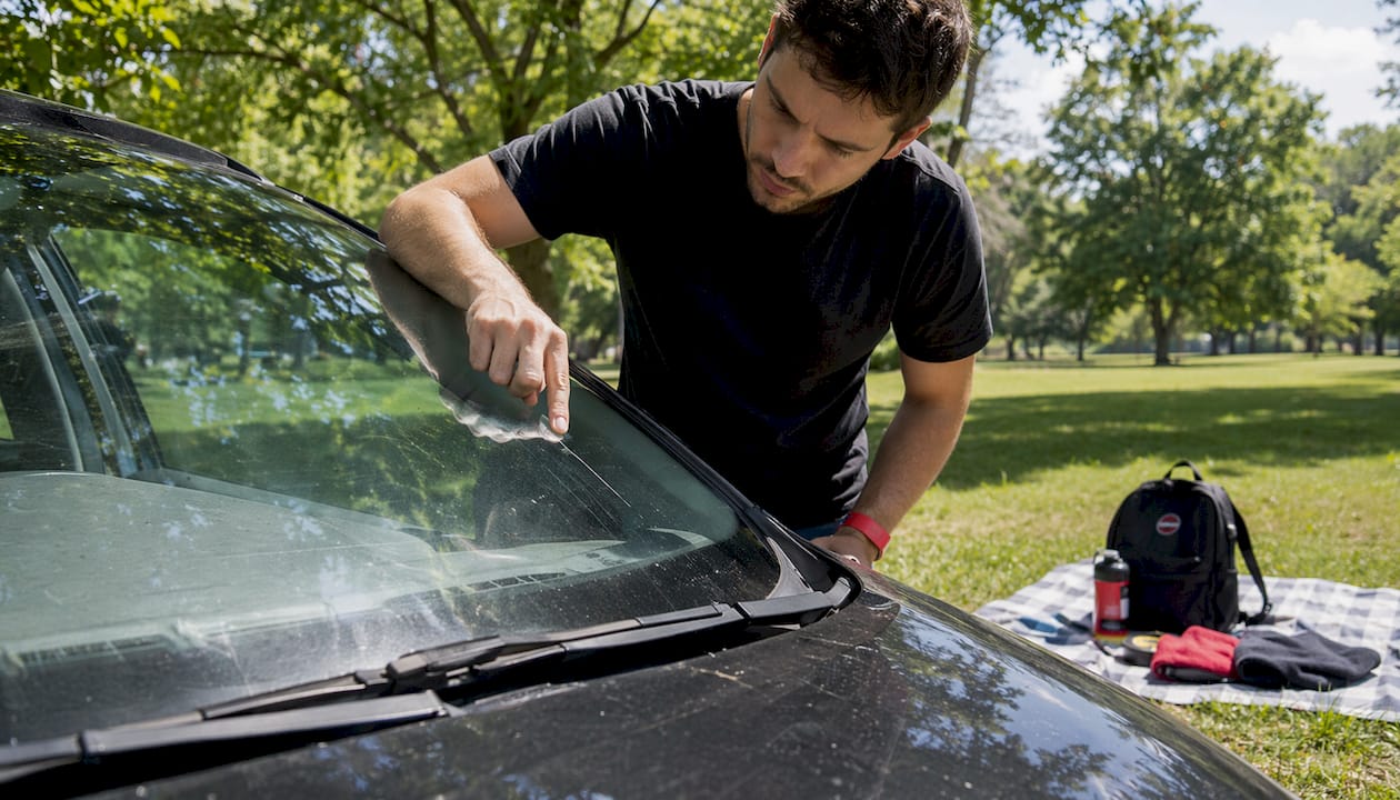 Person checking scratch on windshield with fingernail outdoors