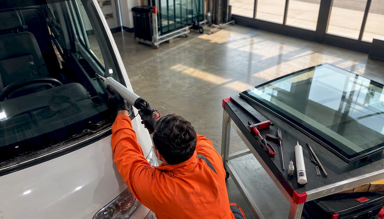 Technician applying adhesive to box truck windshield
