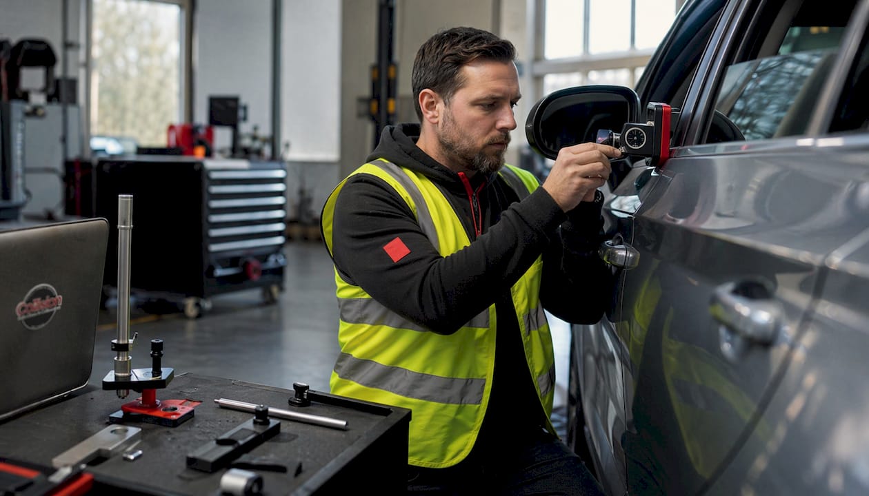 Technician calibrating blind spot sensor on SUV