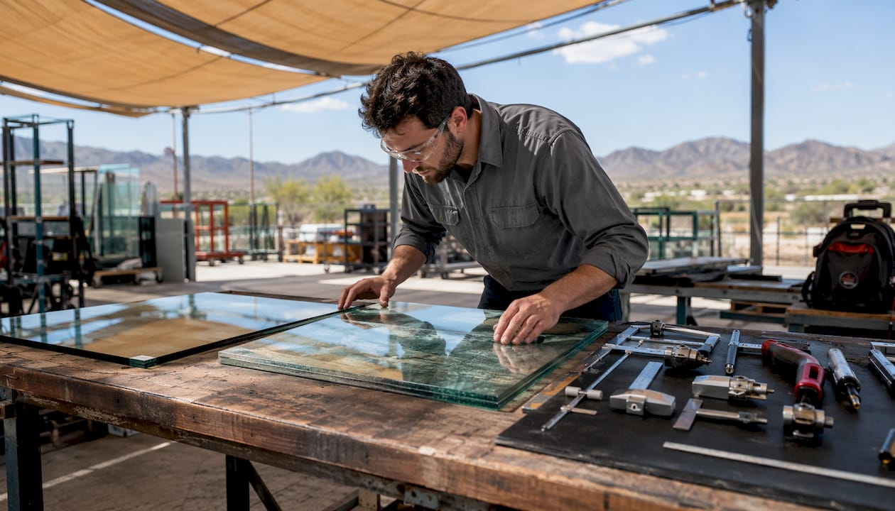 Technician comparing tempered and laminated glass