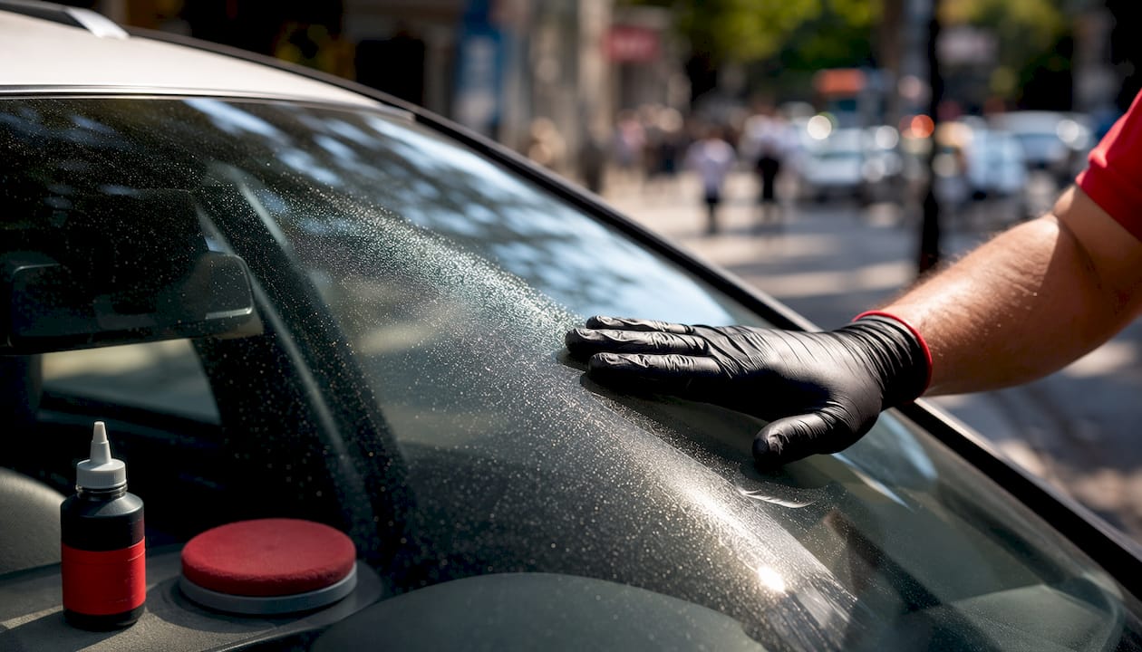 Close-up of windshield with small pits and hand fingernail test