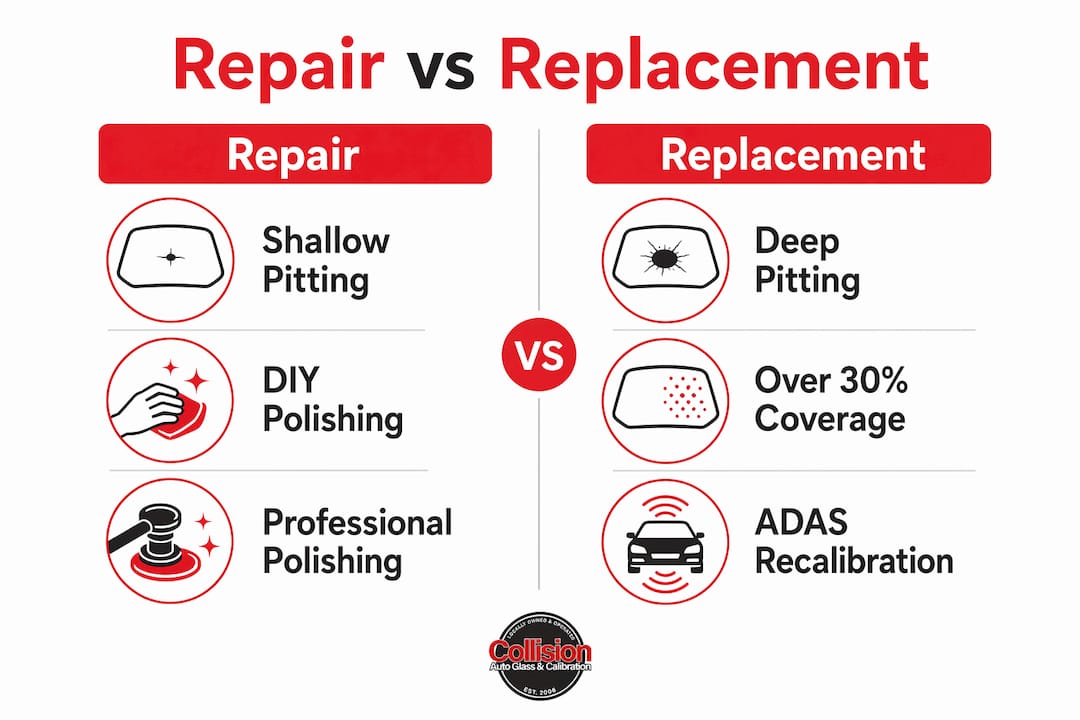 Infographic comparing windshield pitting repair and replacement options