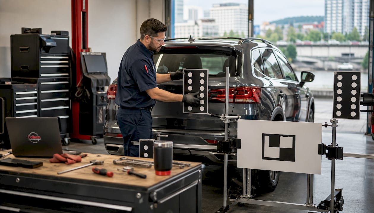 Technician calibrating ADAS on vehicle windshield