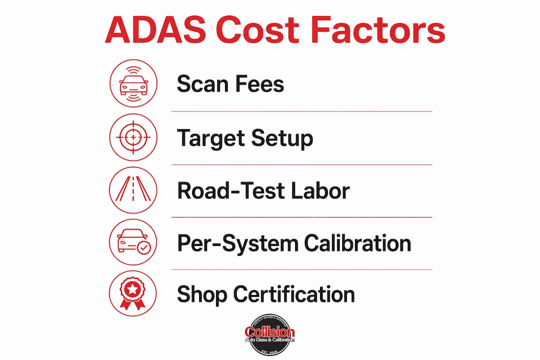 Infographic showing key factors affecting ADAS calibration cost