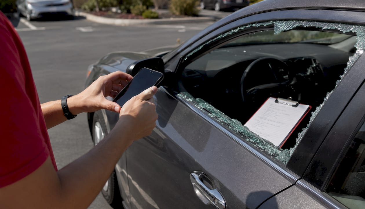 Person photographing smashed car window damage