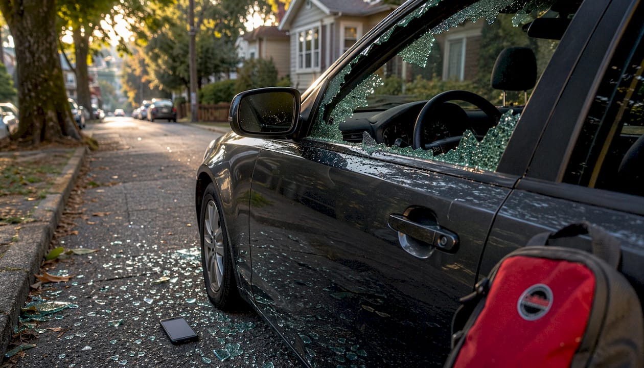 Smashed car window on Portland street