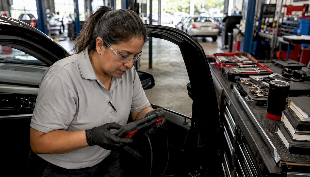 Technician calibrating windshield camera in shop