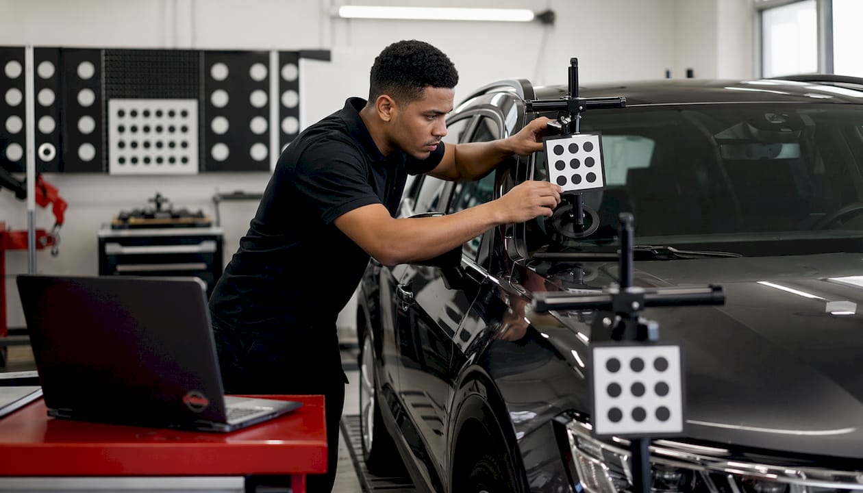 Technician adjusting static calibration targets indoors