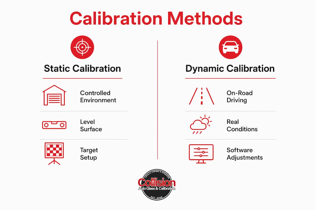 Infographic comparing static vs dynamic windshield camera calibration