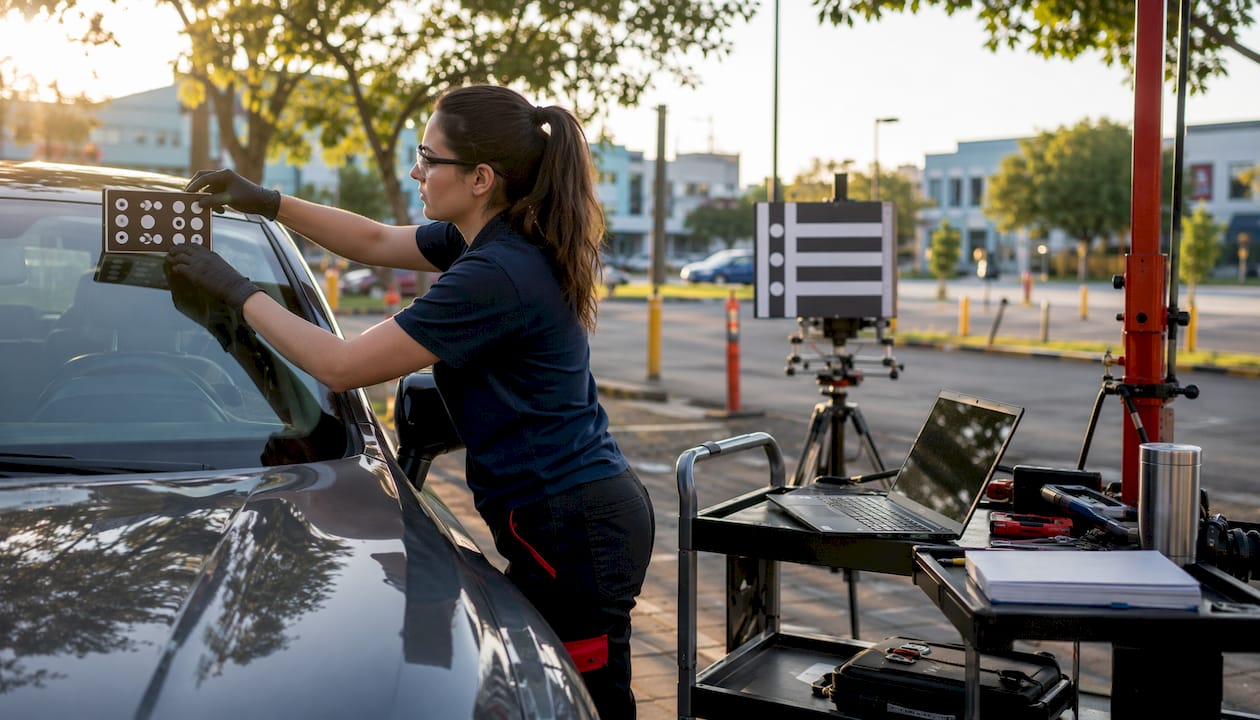 Technician calibrating windshield ADAS camera in garage