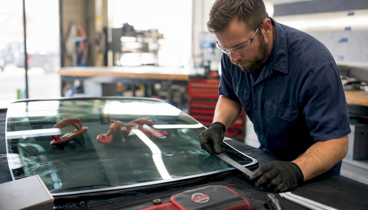 Technician inspecting freshly cut windshield