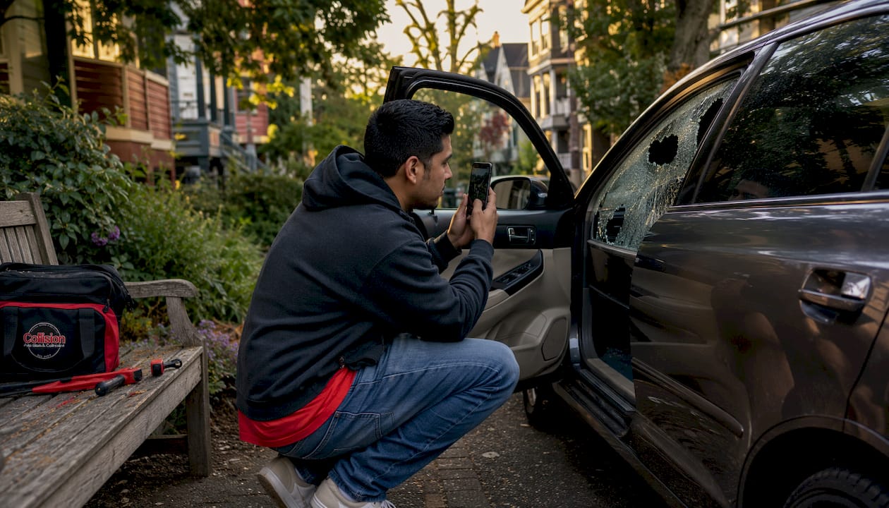 Man photographing broken car side window