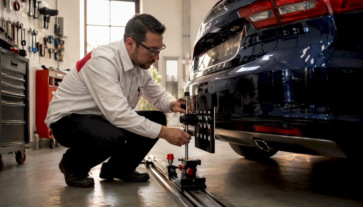 Technician calibrating radar sensor on SUV