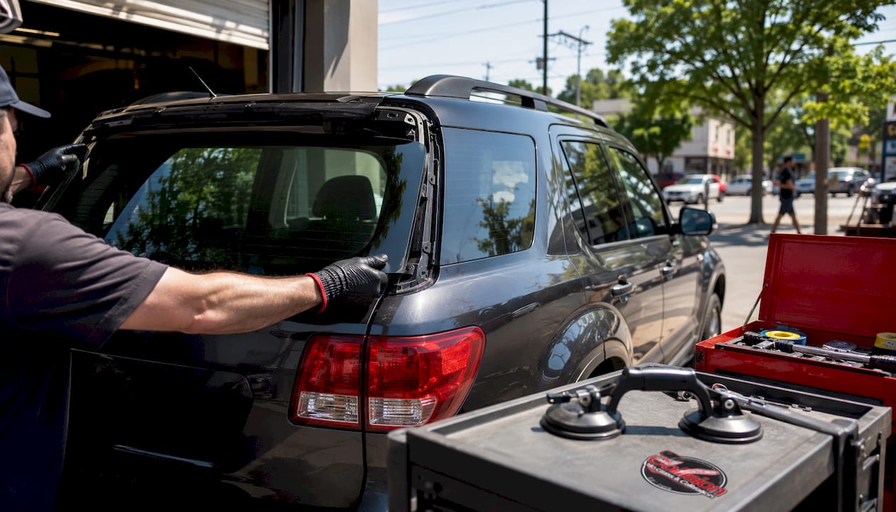 Technician replacing SUV rear window in shop