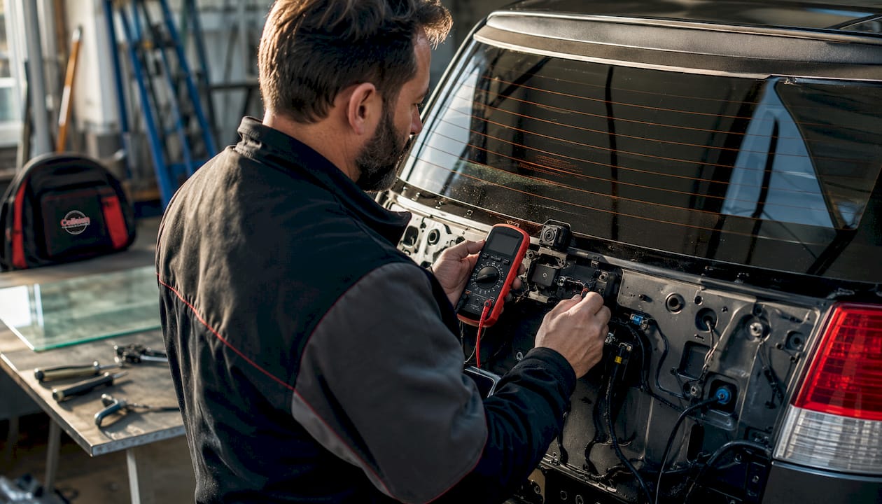 Technician inspecting electronics behind rear glass