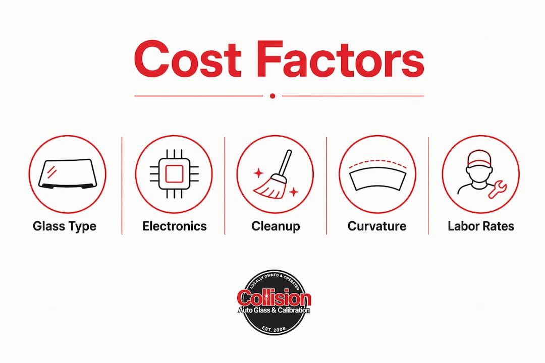 Infographic showing key factors influencing rear window replacement cost
