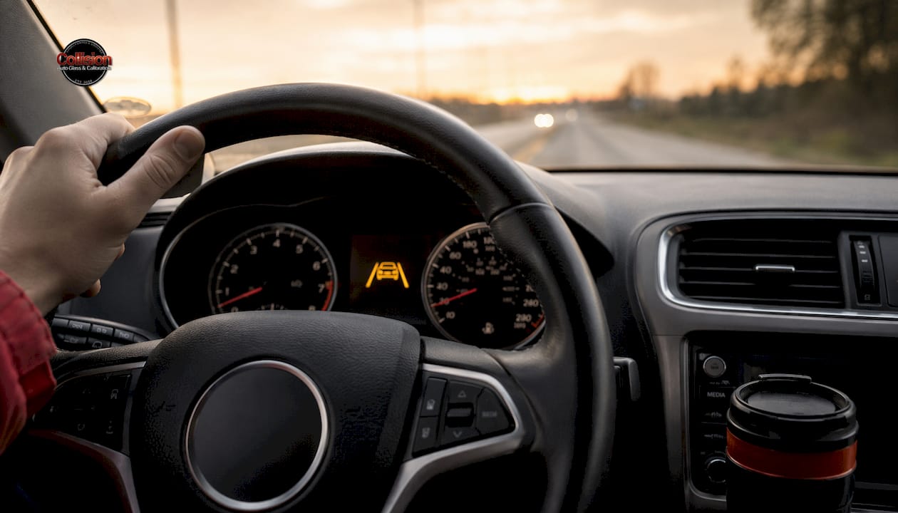 Car dashboard with lane assist warning light