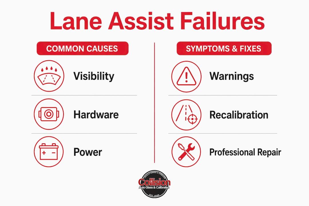 Infographic with causes and fixes for lane assist failure