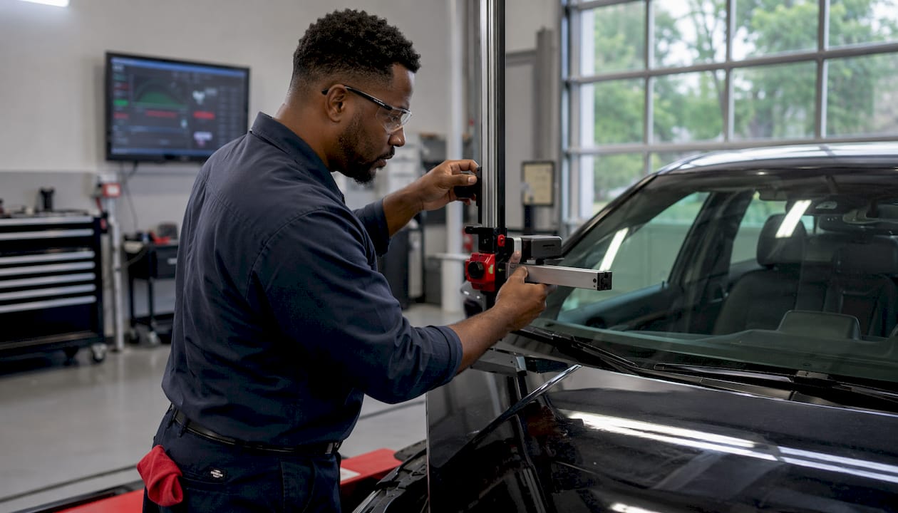 Technician calibrating ADAS after windshield install