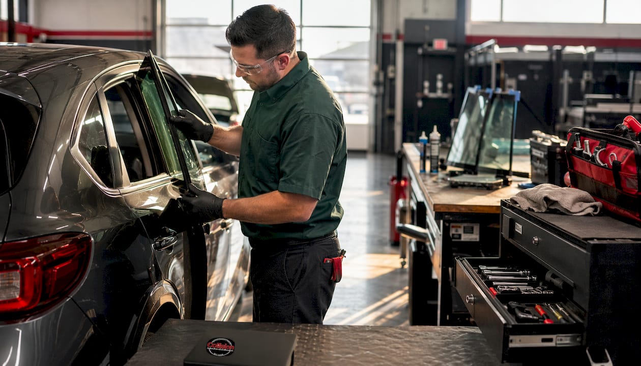 Technician removing car side window at workshop bench