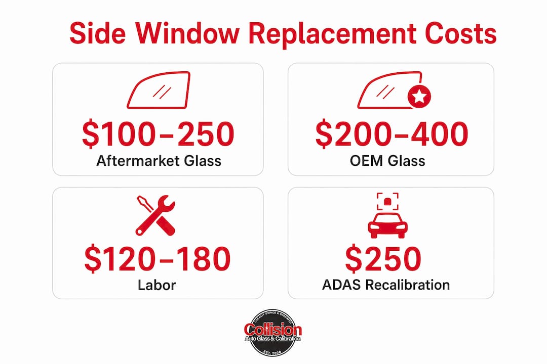 Infographic showing typical cost ranges for side window replacement