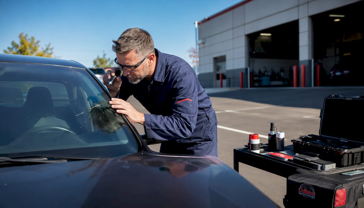 Technician inspecting cracked windshield closely