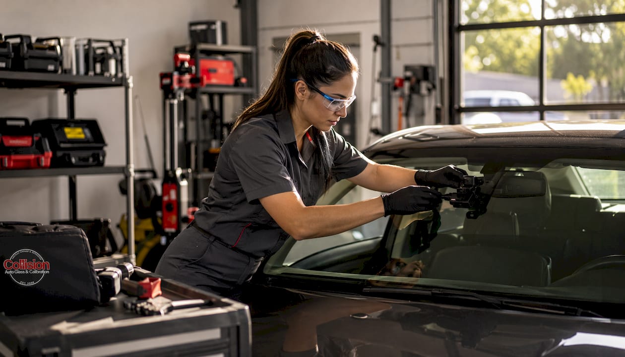 Technician calibrating vehicle ADAS camera near windshield