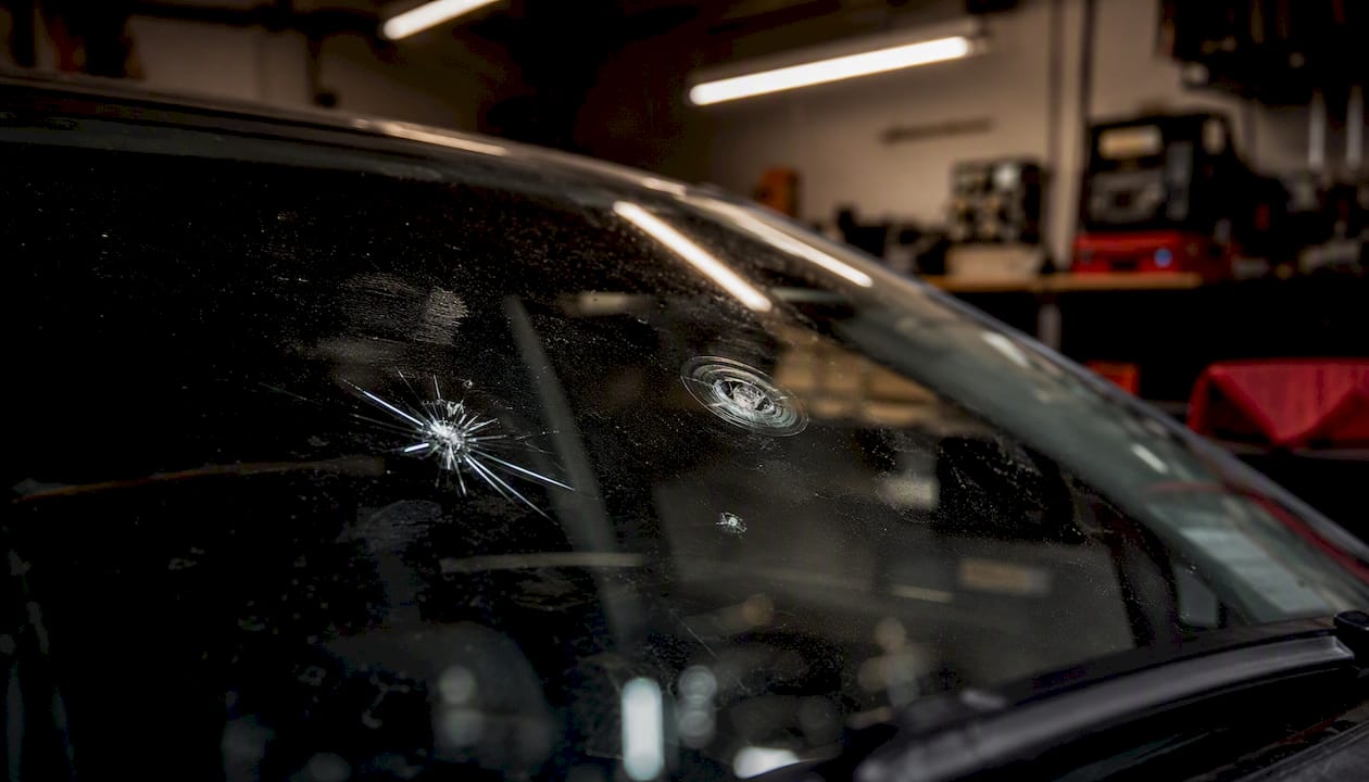Close-up of windshield chips and cracks