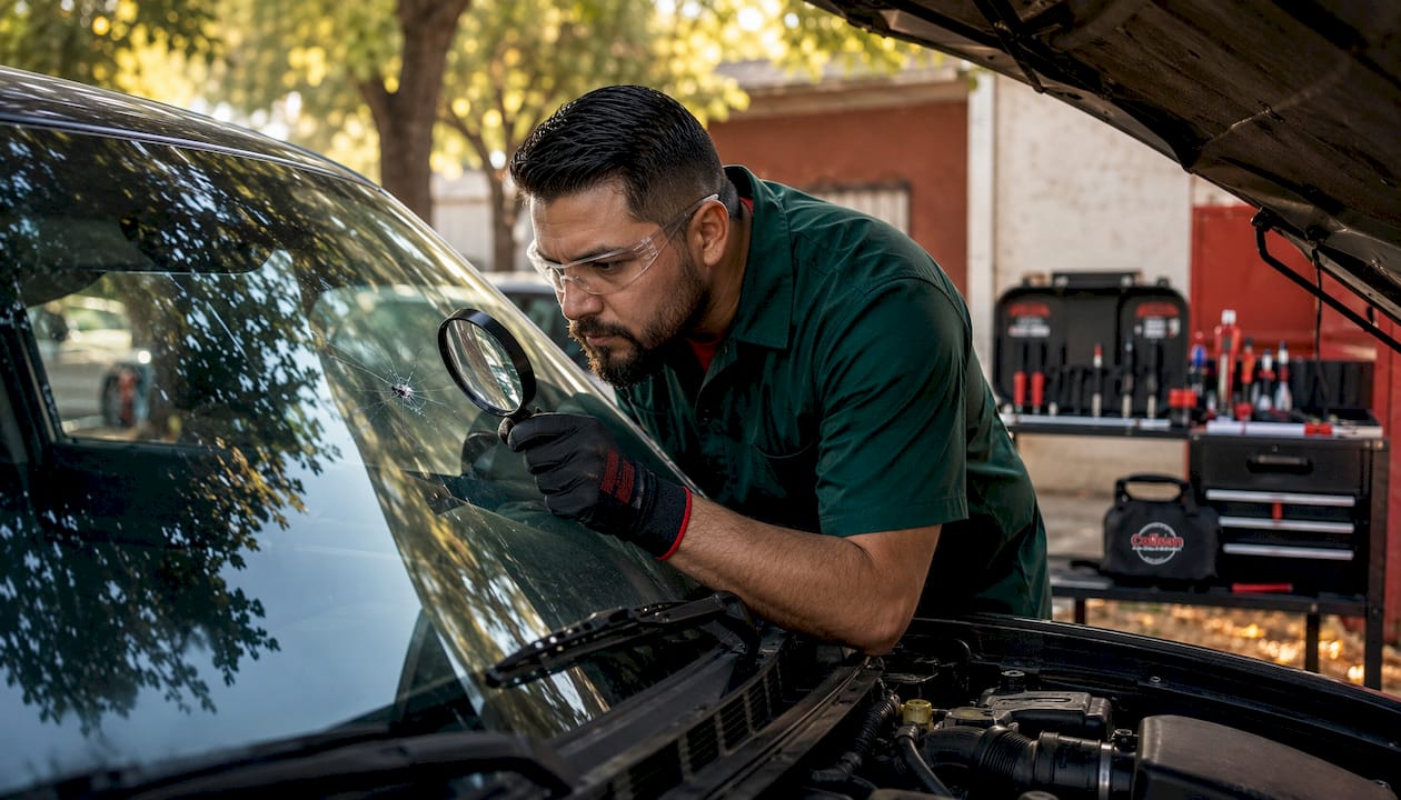 Technician inspecting windshield damage closely
