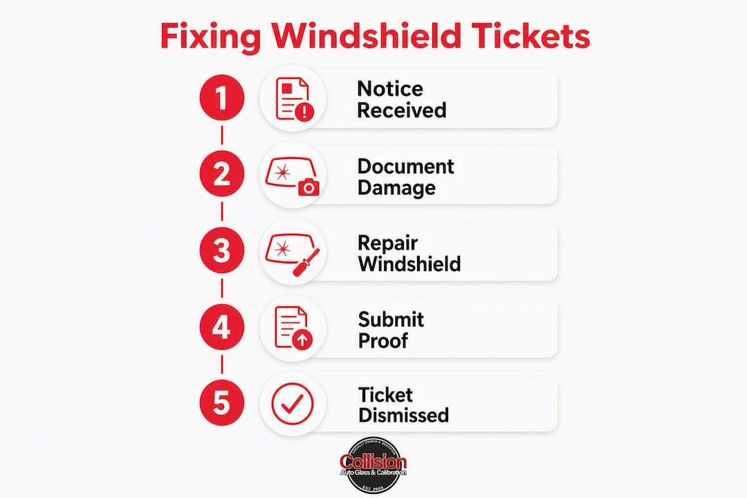 Infographic showing step-by-step process for cracked windshield tickets