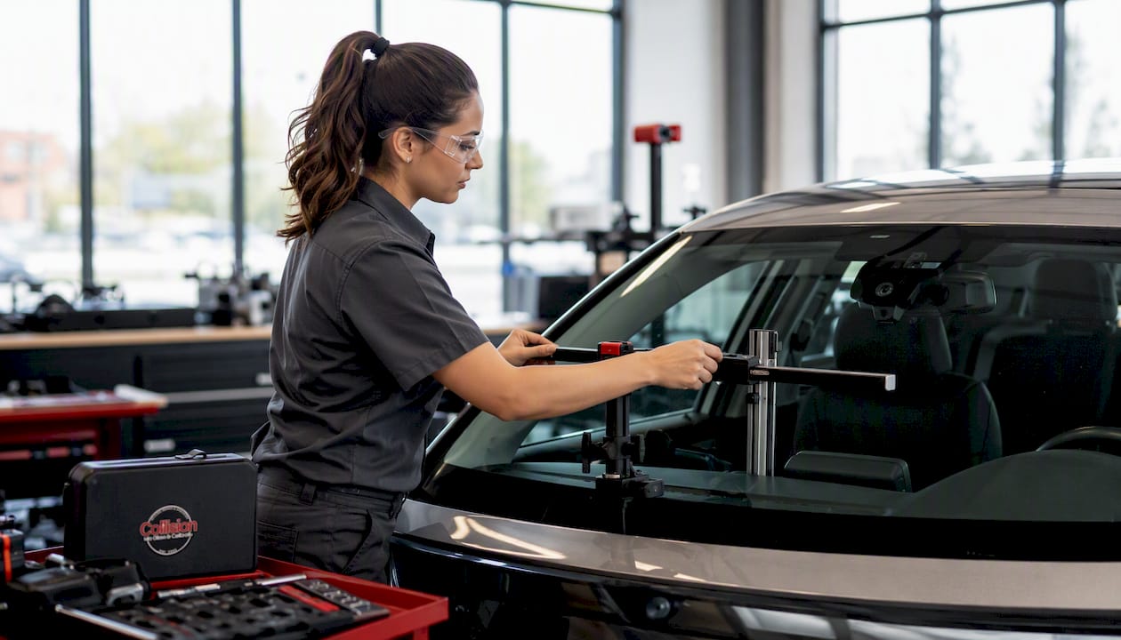 Technician performing ADAS calibration on vehicle windshield