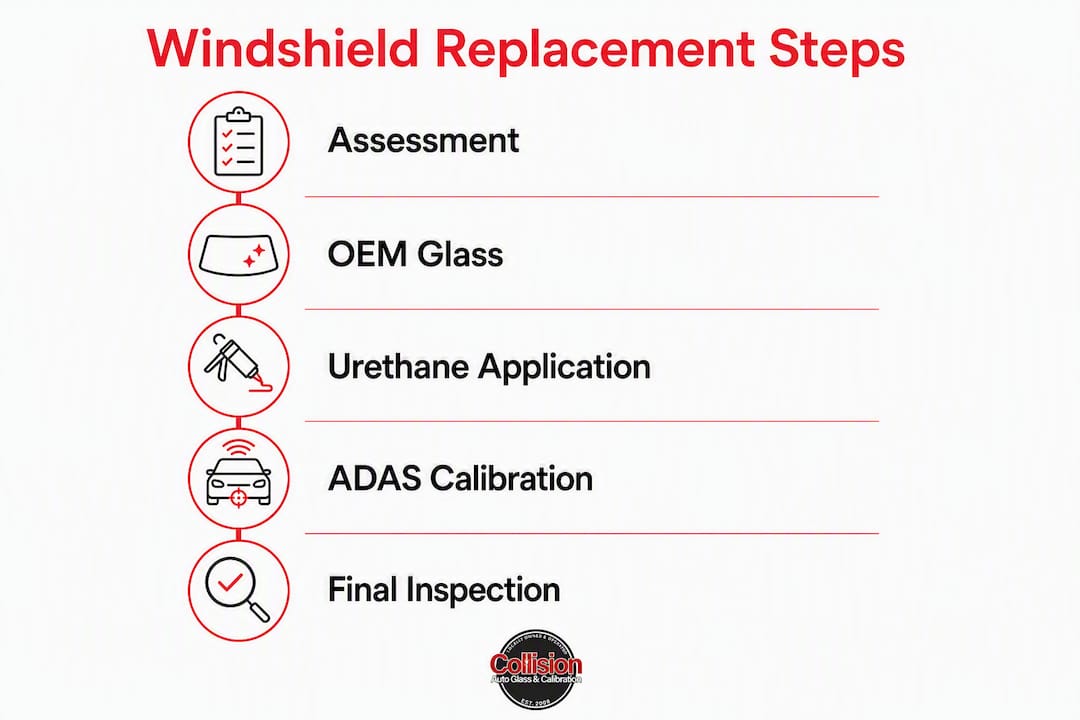 Infographic showing windshield replacement process steps