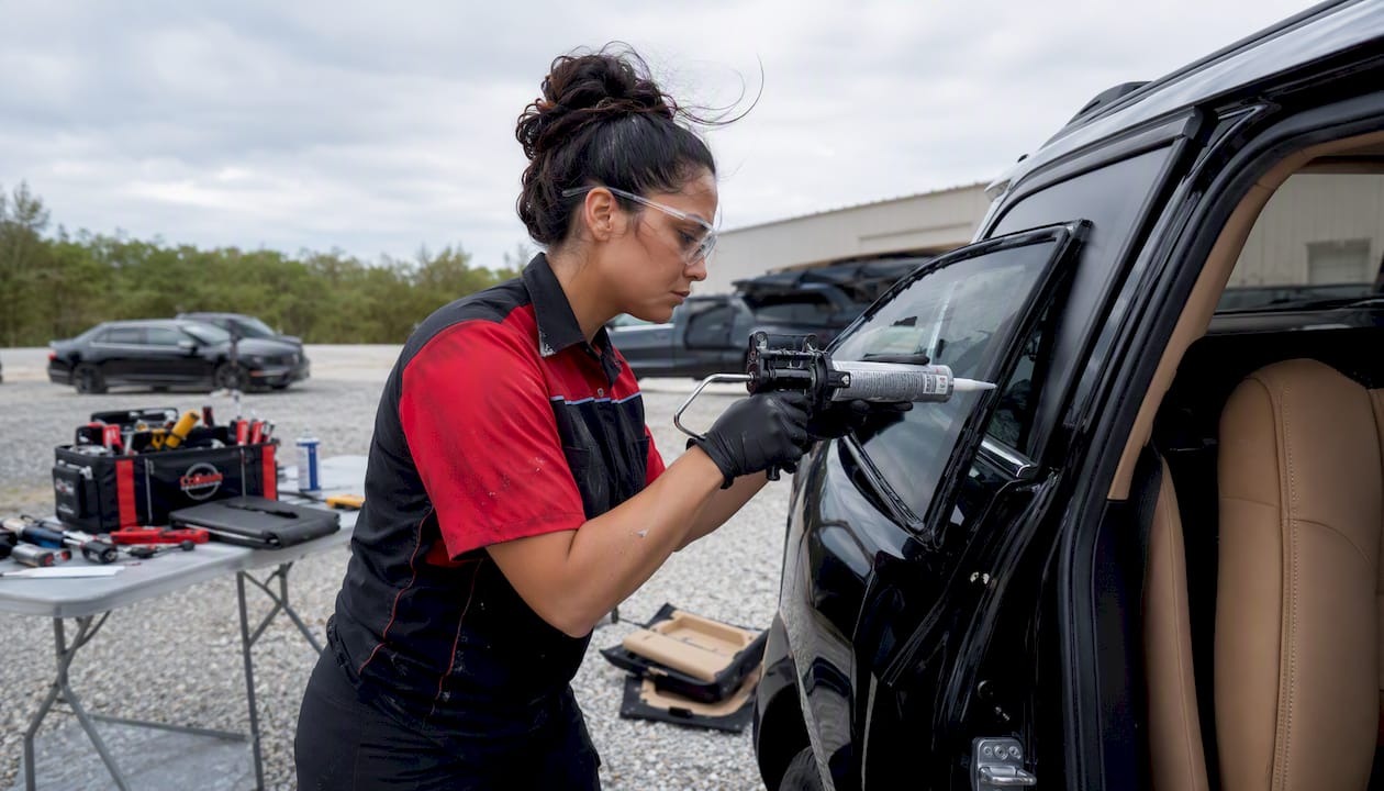 Technician installing quarter glass in luxury SUV