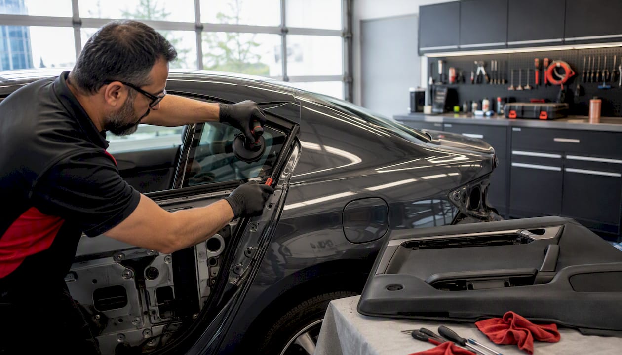Technician replacing quarter glass on sedan rear side