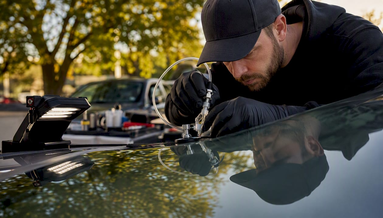 Technician injecting resin into windshield crack